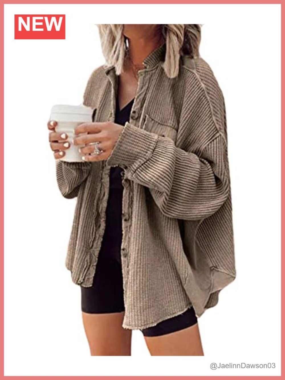 Long Batwing Sleeve Lightweight Waffle Textured Cardigan Shacket